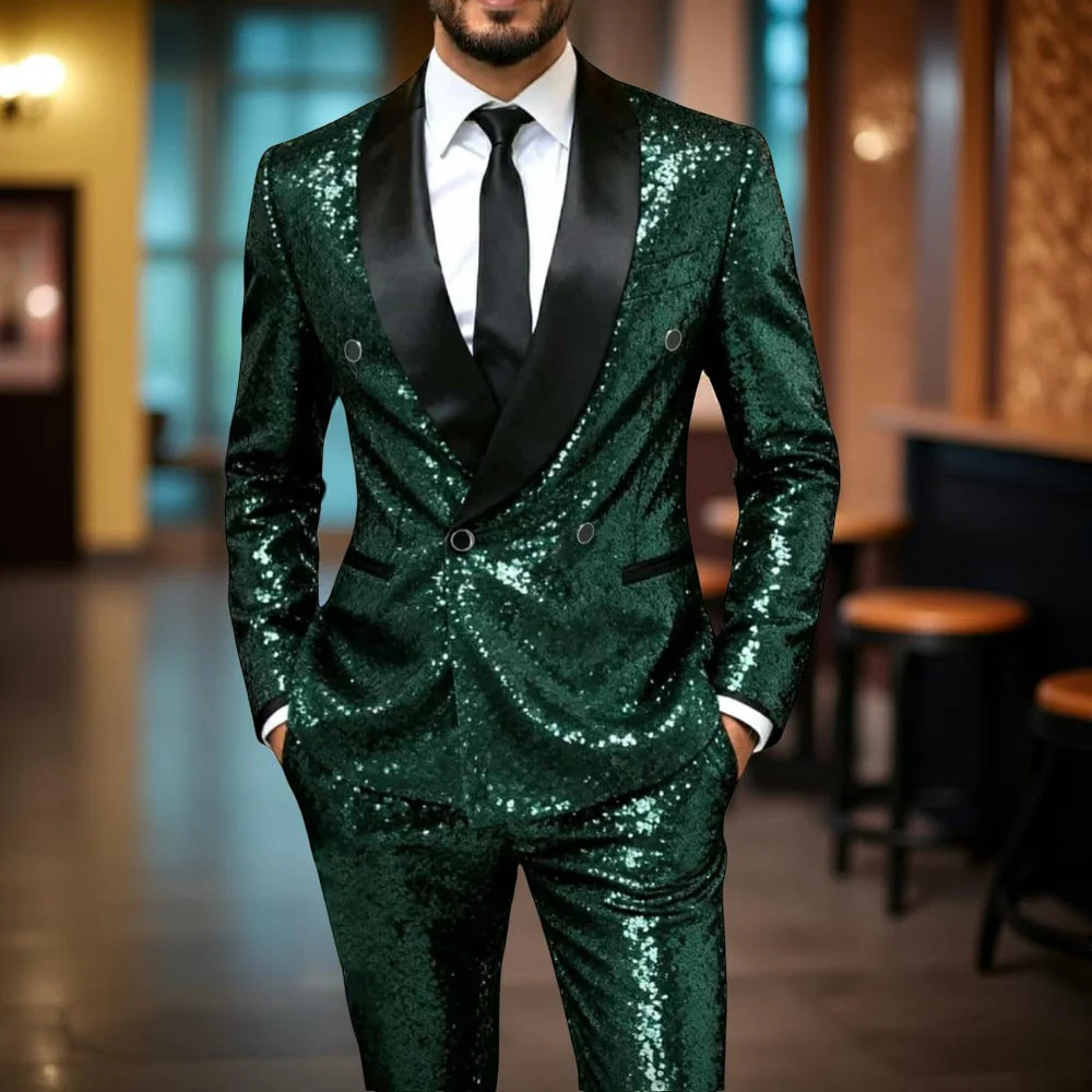 بلينغ الترتر حفلة موسيقية الدعاوى للرجال مزدوجة الصدر سليم صالح حفل زفاف سهرة 2 قطع شال التلبيب المشاهير الذكور بدلة على الموضة