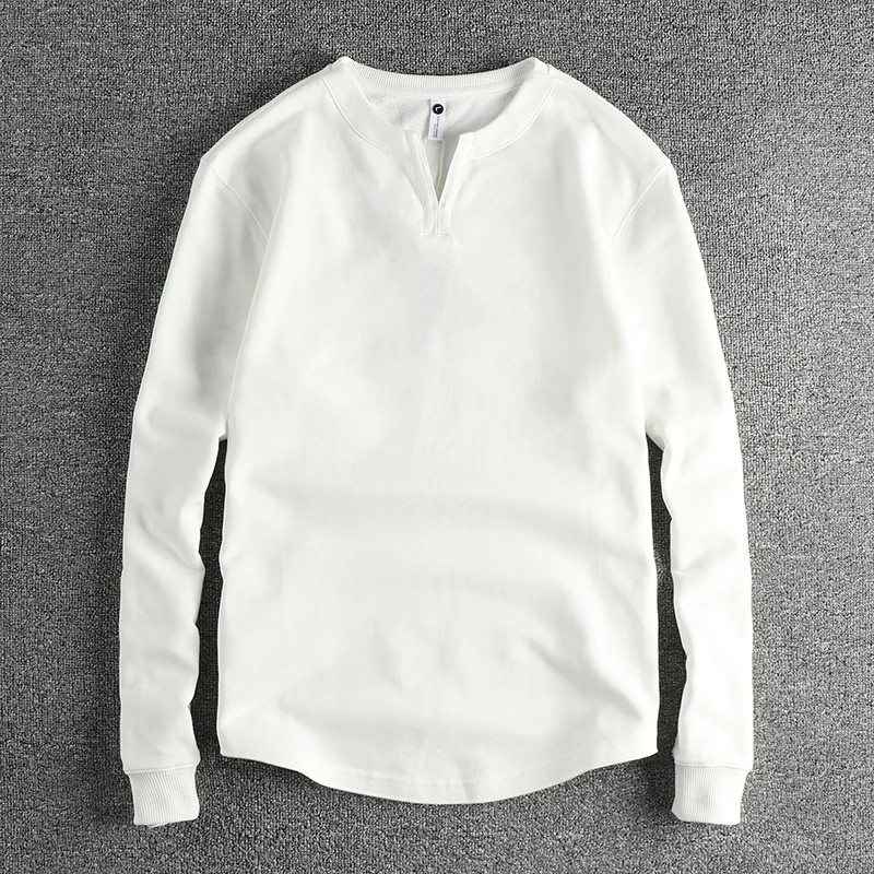 

American Style Basic Sweatshirt Men's Small V-neck Design Casual Long Sleeve Washed Fleece Fabric Versatile Spring Autumn Winter