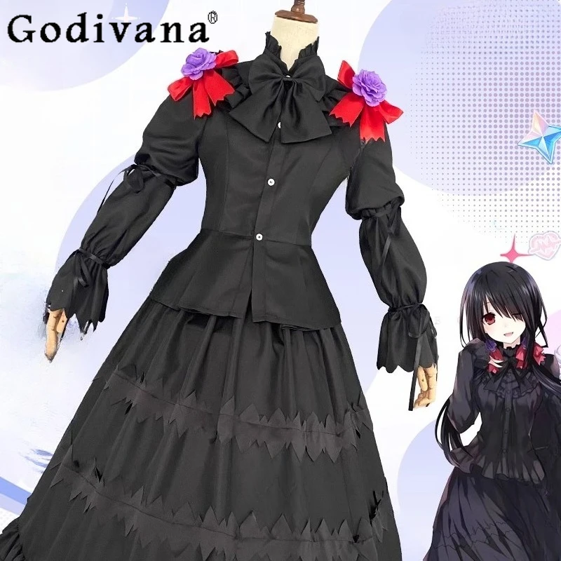 أزياء تنكرية سوداء مجموعة كاملة للنساء أنيمي تاريخ لايف توكيساكي كورومي تنورة دعوى أنثى لطيف لوليتا موحدة تنورة وتتسابق
