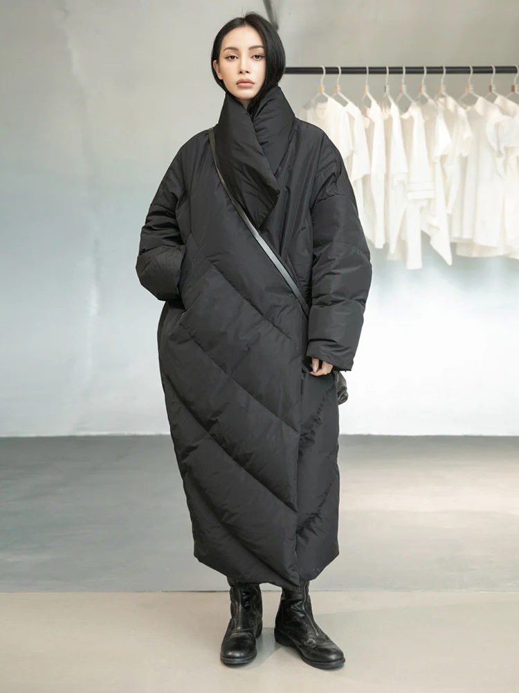 Loose Fit Black Long Down Jacket New Stand Collar Long Sleeve Warm Women Parkas Fashion Tide Autumn Winter