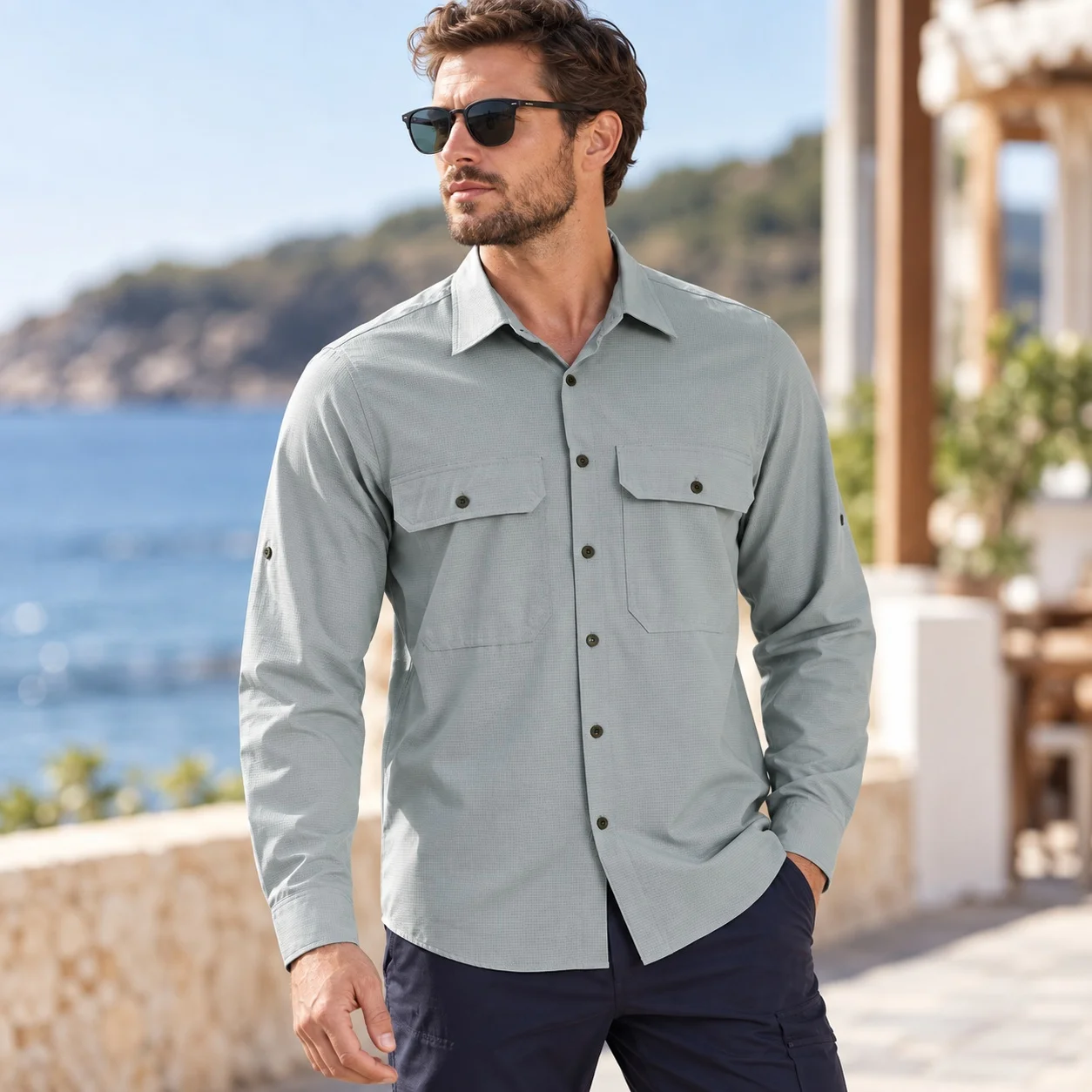 Loose Fit Patchwork Shirt Minimalist with Striped Pattern Long Sleeve Lightweight Open Front Button Collar Summer Men Shirts