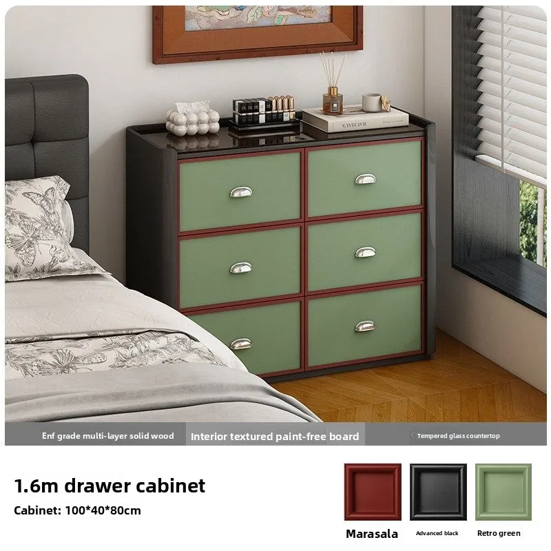 simple tone retro black chest, dresser, simple makeup table in bedroom, solid wood customization of bedside storage cabinet