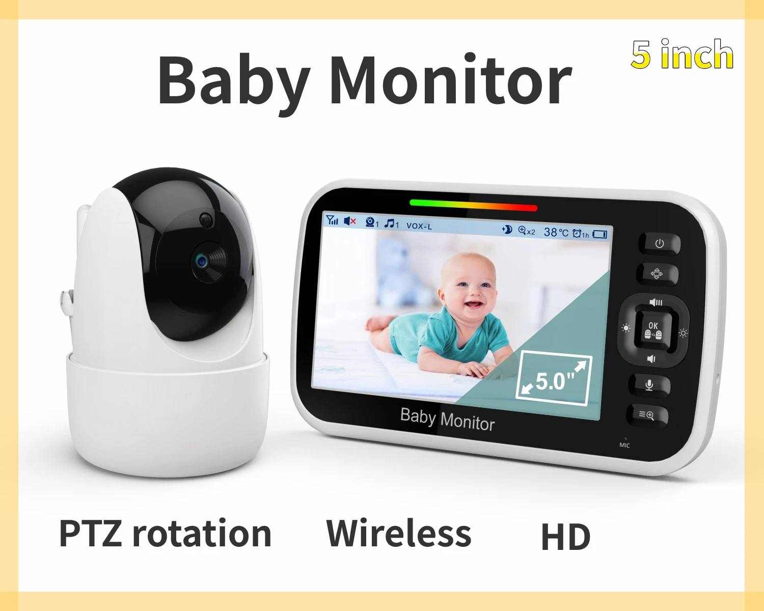 

Wireless Baby Monitor 5 Inch HD Pan Tilt Rotating Caregiver Lullaby Night Vision Sound Control Temperature Control IntercomSM651