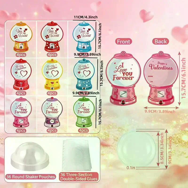 18/36 Pcs DIY Valentines Candy Cards Bubble Gum Machine Designs Valentines Day Exchange Cards Kids Classroom Exchange Gifts