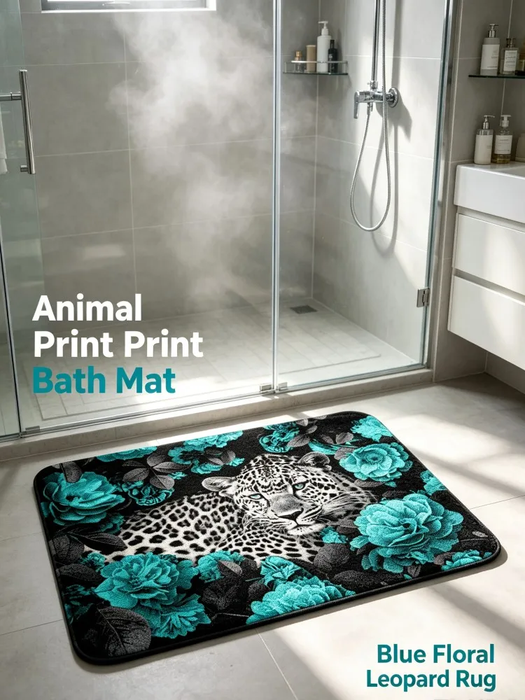Leopard with Teal Floral Print Bathroom Rug Soft Plush Non-Slip Rectangular Doormat Wild Animal Flower Floor Mat Washable Bath M