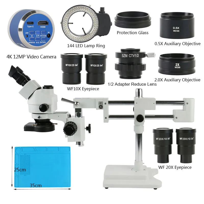 90X 180X Simul-Focal Stereo Microscope Trinocular Microscope  HDMI USB Video Camera 144 LED Ring Light Industrial Repair Kit Set