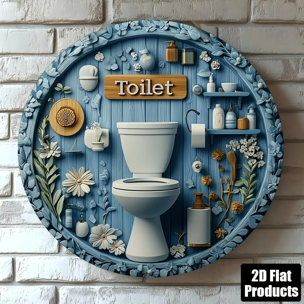 Panneau de toilette rond en aluminium Vintage 8x8 pouces, plat 2D, Message de salle de bain humoristique (conception de toilette bleue), parfait pour la maison/bar/café, 1 pièce