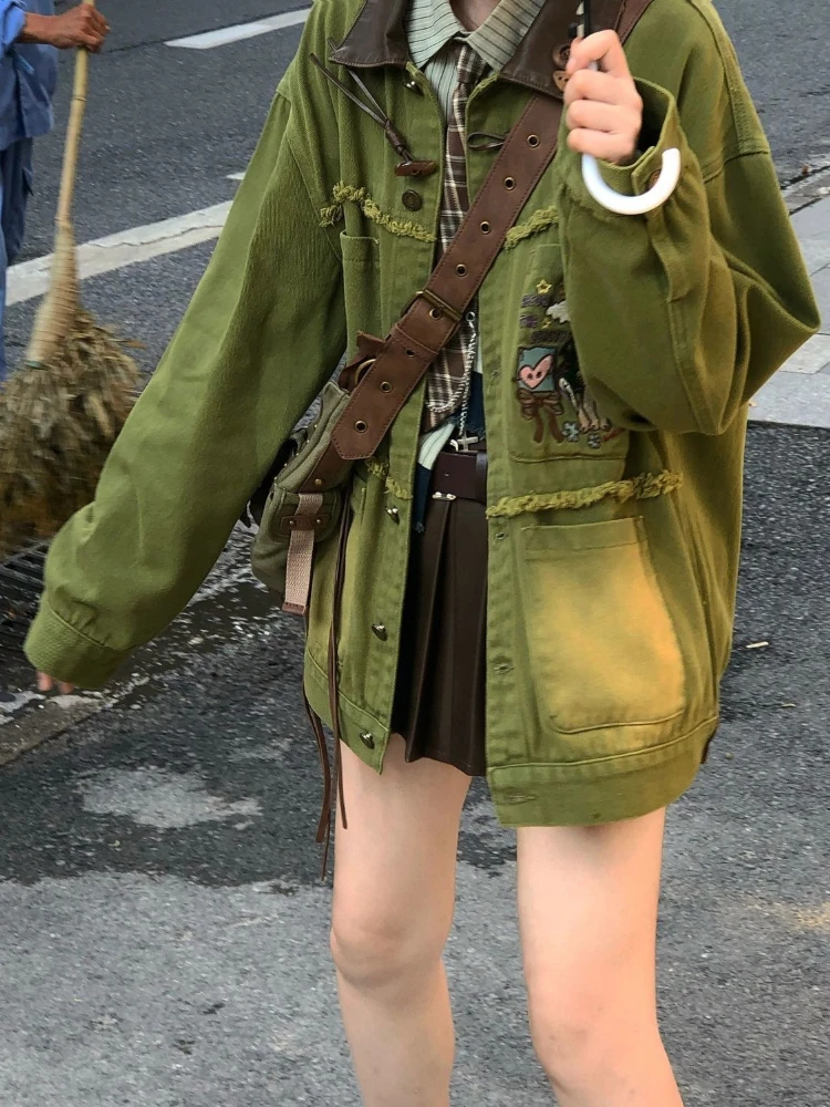 Frühling Cartoon Stickerei Jeansjacken Damen Reißverschluss Y2k Ästhetik Locker Lässig Quasten Mäntel Harajuku Einreihige Grunge Oberteile