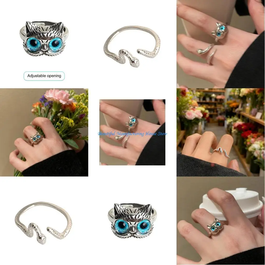 

E56A Trendy Cats Eye Stone Ring Hypoallergenically Alloy Adjustable Band Finger Accessory For Matching Couple Jewelry
