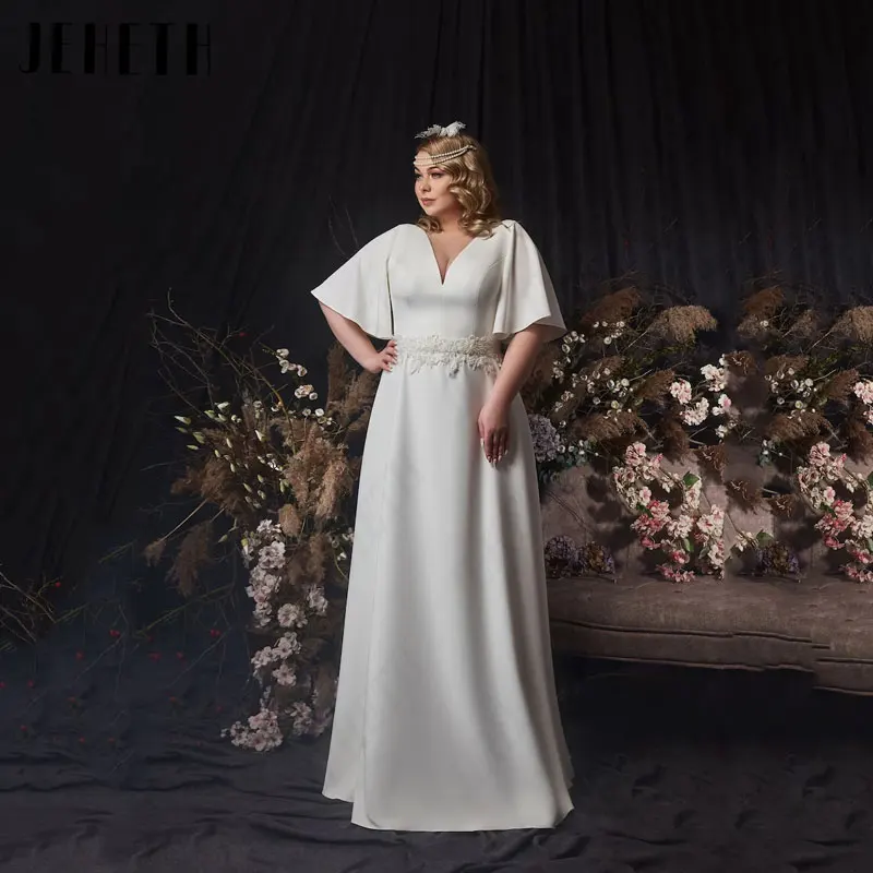 

JEHETH V-Neck Satin Wedding Dresses Plus Size Batwing Sleeves A-Line Bridal Gowns Appliques Simple Exquisite Vestido De Mariages