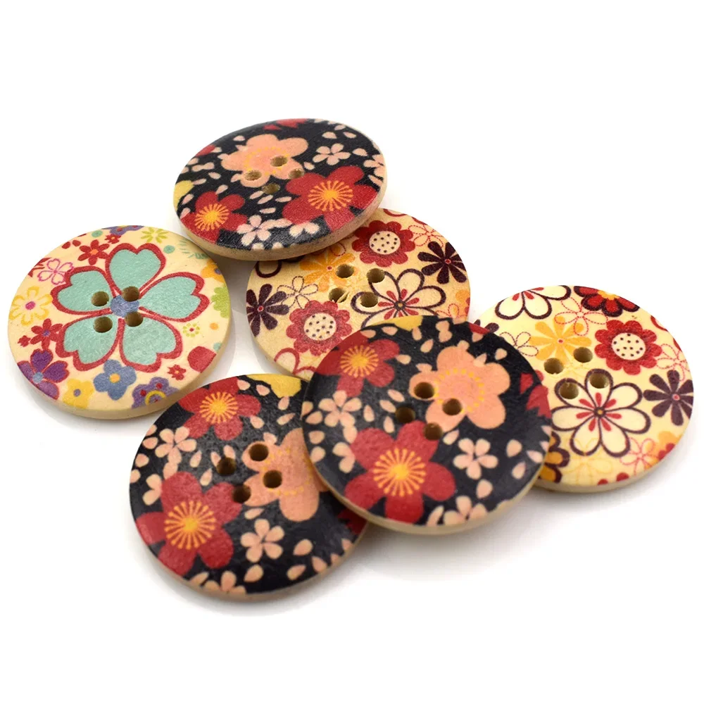 30MM Mix Wood Buckle Flower Printed Wooden Buttons Handmade Wood Buckles Button Craft DIY Baby Sewing Apparel Accessories