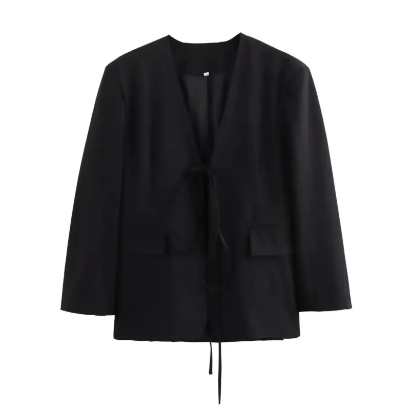 سترة أنيقة للنساء موضة كبيرة الحجم بأربطة عميقة على شكل حرف v وأكمام طويلة سترات بدلة ربيع جديد 2025 معطف فضفاض غير رسمي للمكتب للسيدات