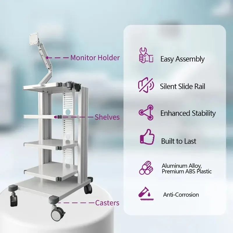 Endoscope Cart with 360° Silent Wheels, Rotatable Stand, High Load, 4 Layers Adjustable, Multi-Functional