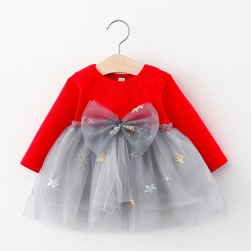 Autumn and Winter New Girls' Long sleeved Big Bow Dress Children's Round Neck Knitted Spliced Sequin Mesh Fluffy Skirt