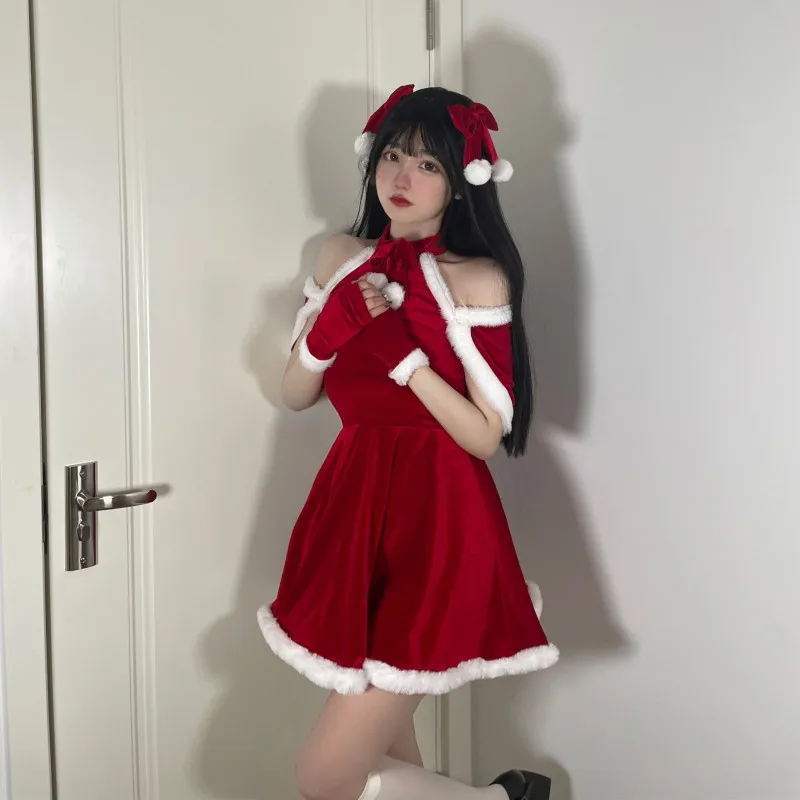 Autumn Winter Sweet Christmas Red Plush Dress Suit Women Sexy Party Mini Dress Female Kawaii New Year 4 Piece Set Cute Home Wear