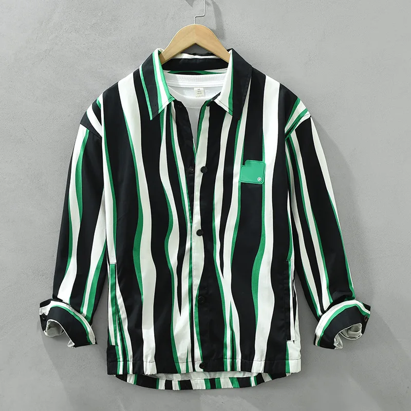 New Spring Autumn Men's Cotton 100% Black green striped contrasting shirt Long Sleeve Loose Casual Turn-down Collar Tops Clothes