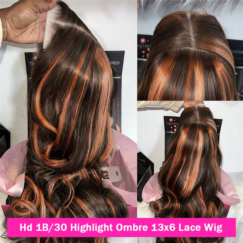 

Парик из натуральных волос с омбре и кружевной передней частью, волнистый, с предварительно выщипанными линиями, 13x6, 1B/30, коричневый с мелированием, для женщин