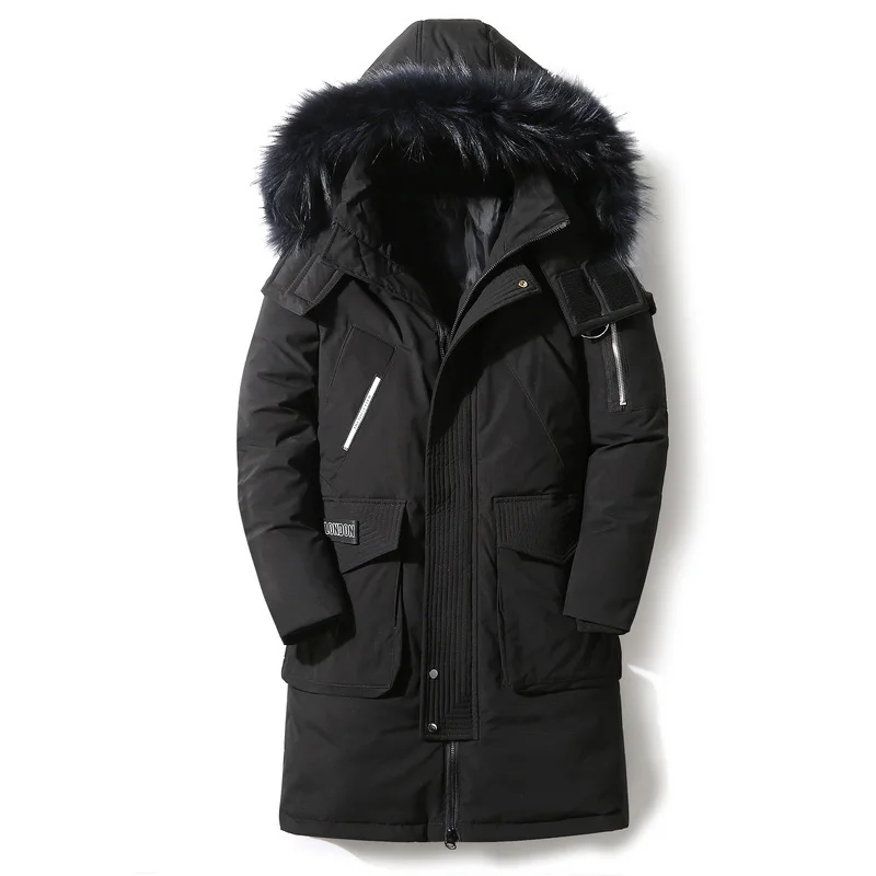 CamSolomon-Doudounes longues à capuche pour hommes, Parkas chaudes, Coupe-vent en duvet de canard blanc, Col en fourrure combinée, Optique de la mode, Hiver