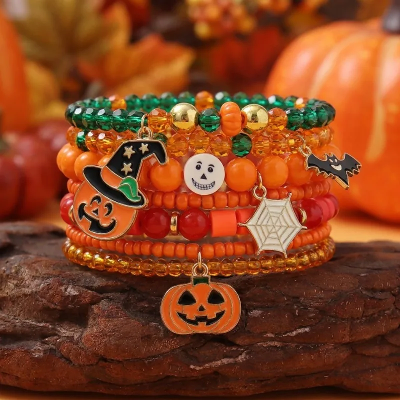 Halloween Multilayer Beaded Stackable Bracelets Set, Gothic Charm