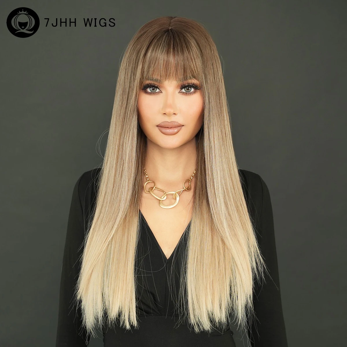 

7JHH WIGS Long Straight Brown Ombre Blonde Wig for Women Daily Use High Density Layered Flat Cut Hair Wigs with Neat Bangs