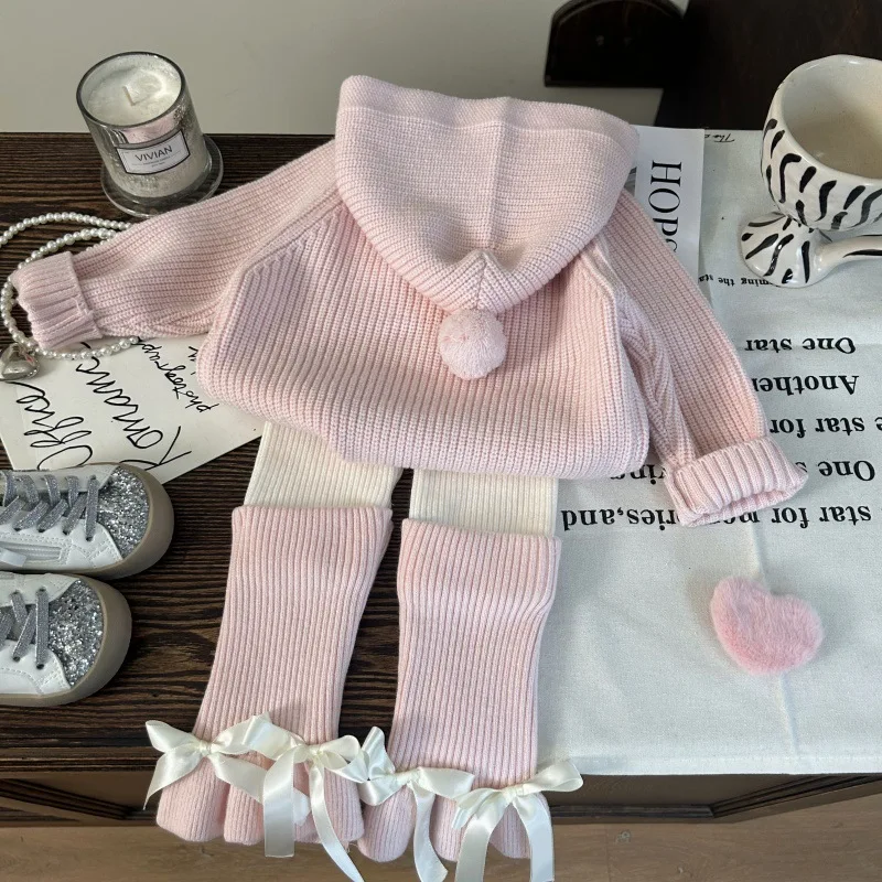 

Children's Clothing2025New Autumn Girls' Hooded Knitted Sweater and Knitted Leggings with Slouchy Socks Two-Piece Set Trendy