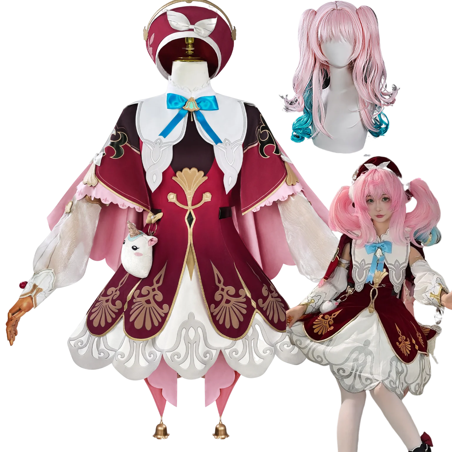 

Hyacine Honkai Star Rail Anime Game Cosplay Costume Kawaii Lolita Dress with Hat Props Pink & Green Wig Options for Women Girls