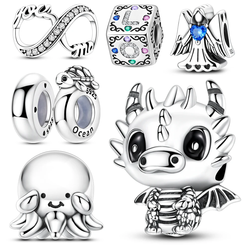 

925 Sterling Silver Little Flying Dragon&Octopus&Infinite&Square Beads Charm Fit Brand Bracelet Neutral Style Jewelry