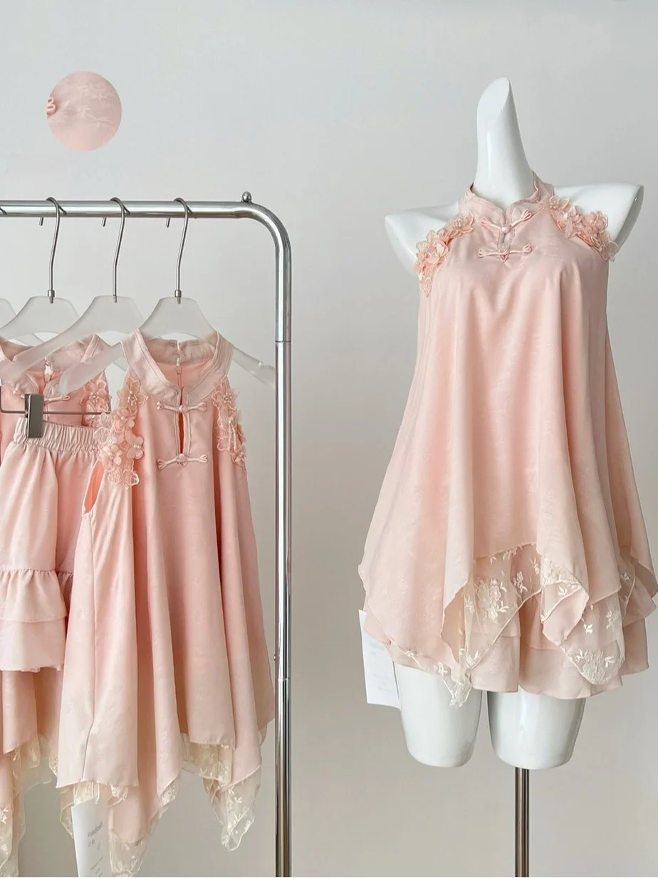 

New Chinese Sle Women's Summer Faion Top And ort Skirt Set Lace Collar Asymmetrical Splicing Design Svel Outfit