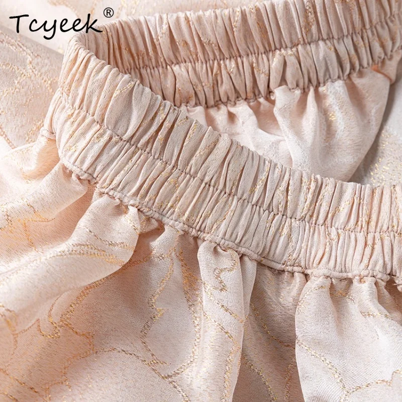 تنورة Tcyeek صيفية 100% من حرير التوت، تنورة نسائية من قماش الجاكار المغزول بخصر مطاطي وفتحة مستقيمة الساق، تنورة صيفية جديدة لعام 2025 D55623JF