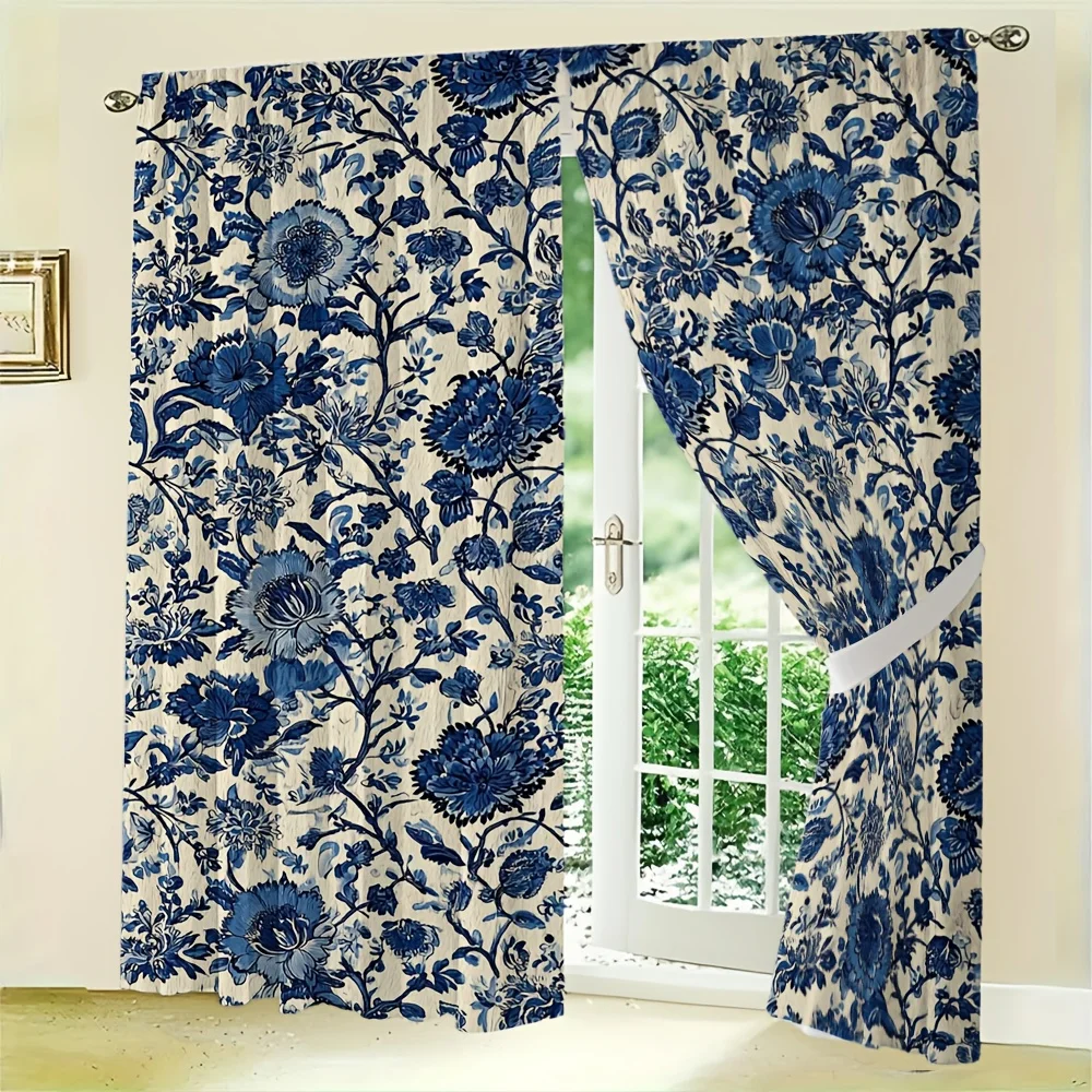 2pcs Chinoiserie Floral Curtain No Rod — Indigo Blue & Cream Botanical Vines, Classic Porcelain Pattern for Timeless Home Decor
