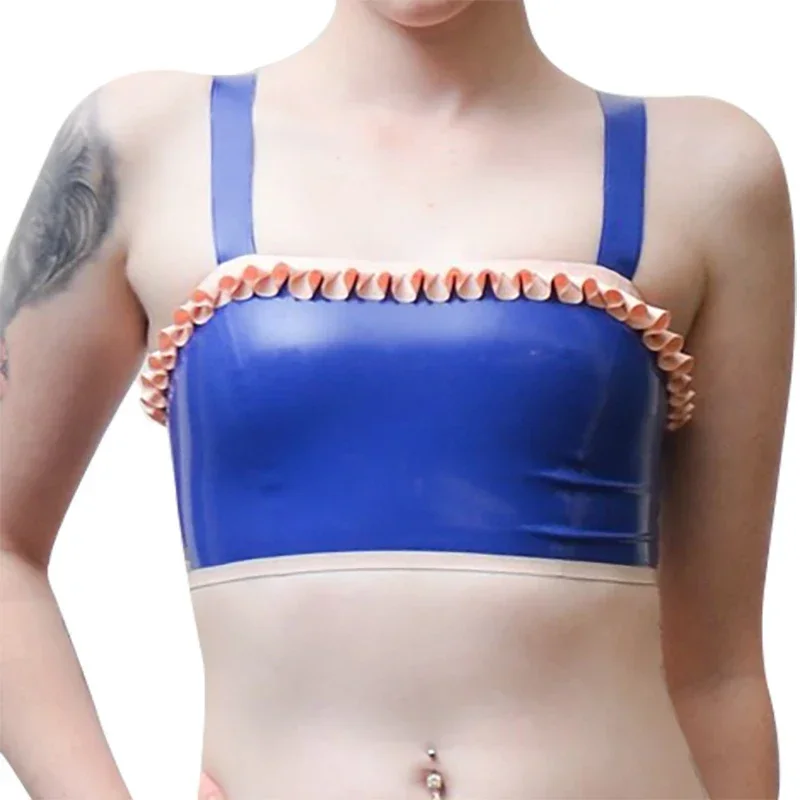 Blue And Pink Sexy Latex Crop Top With Ruffs Bows  Buttons At Back Rubber Bras Lingerie Brassiere Cosplay