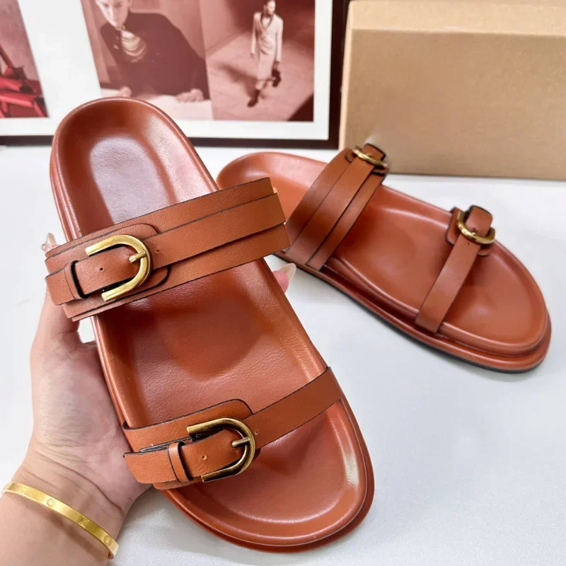 Women's Chic Black Leather Double Strap Flat Slide Sandals Gold Buckle Round Toe Casual Slip On Summer Shoes 2026