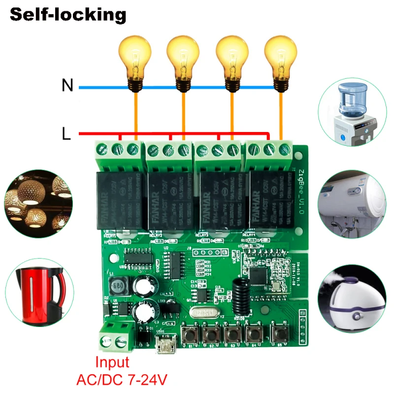 + 4-ходовой самоблокирующийся модуль управления переключателем RF433, умный световой модуль 10 А, реле, работает с Alexa
