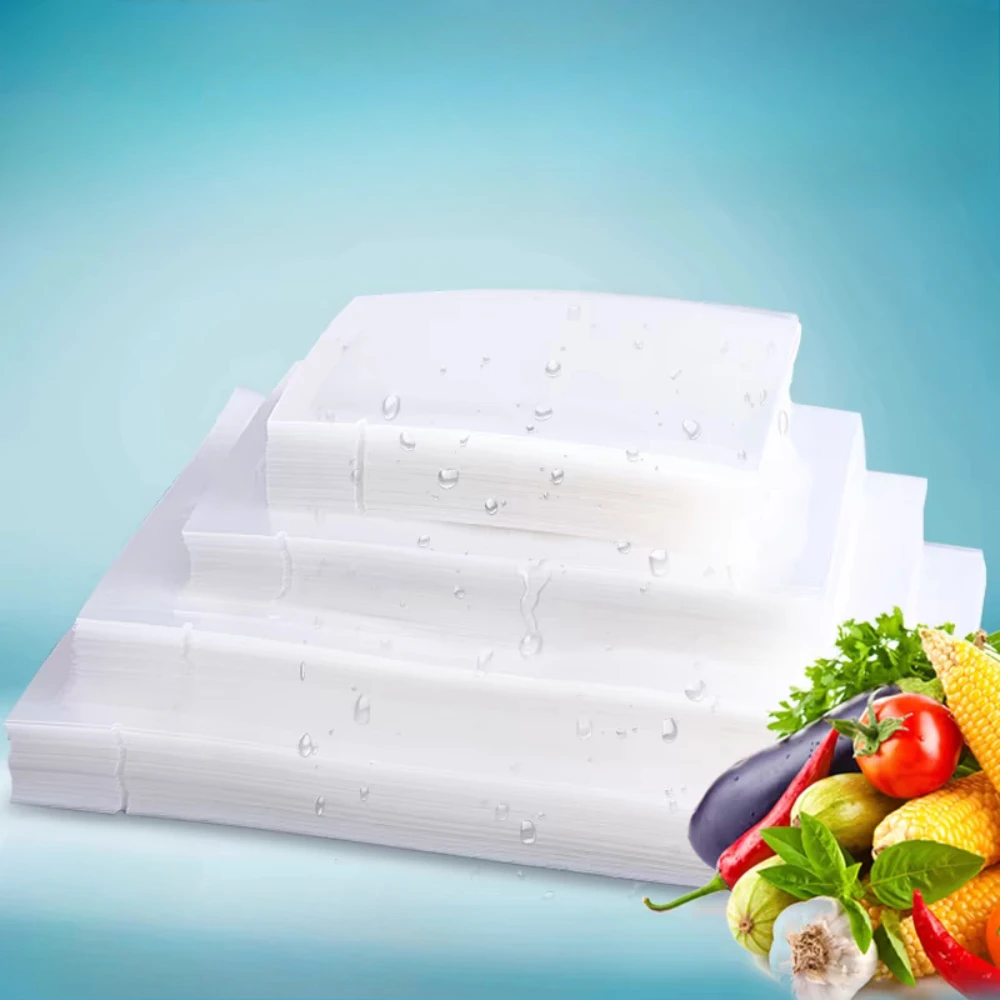 100 Stück klare, transparente Vakuumbeutel, Lebensmittelaufbewahrungsbeutel für Fleisch, Fisch, Obst, heißversiegelbarer Gefrierschrank, sichere, langlebige Packung