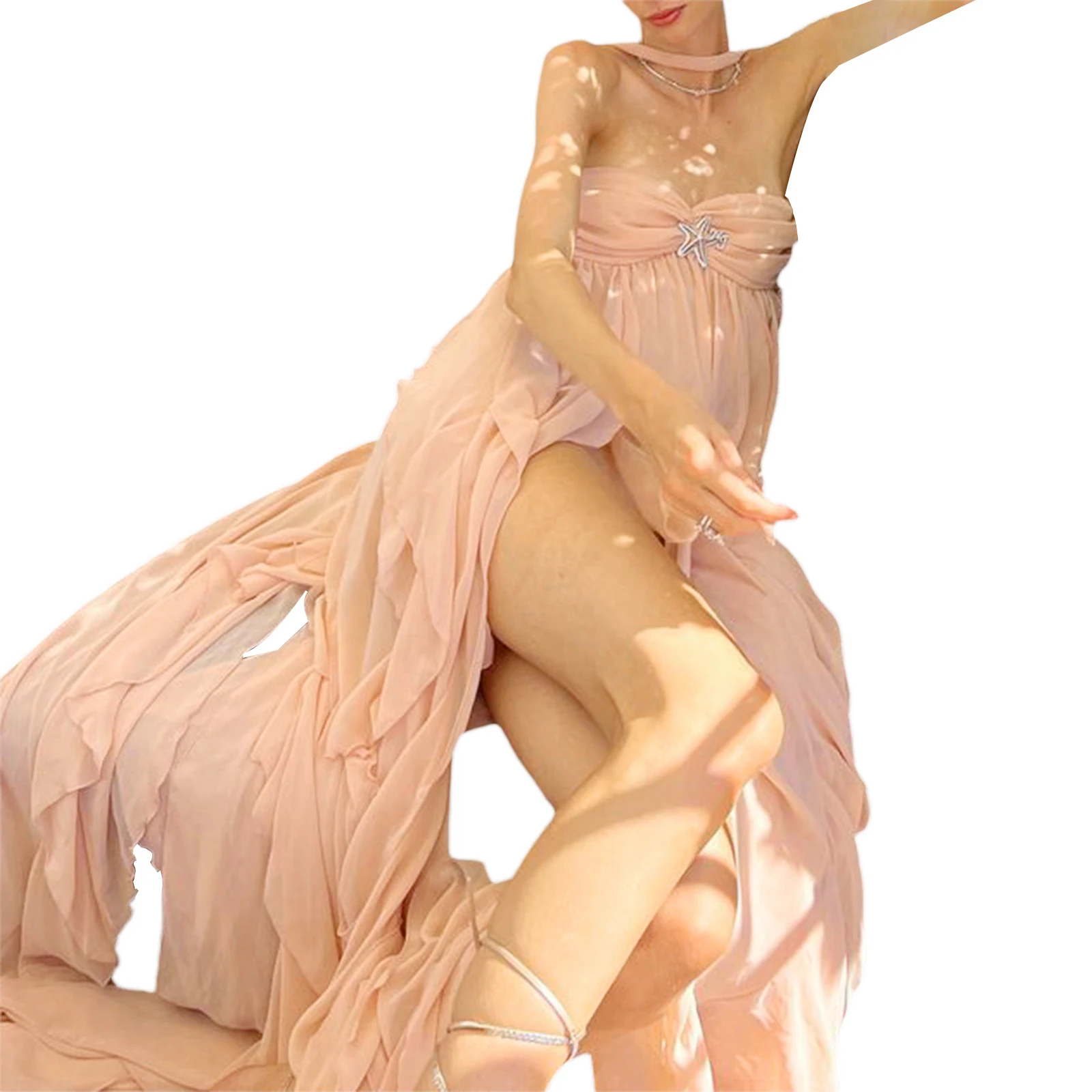 Women Summer Boho Sleeveless Choker Halter Rhinestone Starfish Decor Backless Irregular Ruffled Hem A-line Long Dress