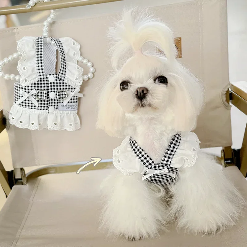 Lace Fashion Pet Pastoral Style Black Plaid Puppy Clothes Harness Dog Cat Universal Harness Tractionable Retro Princess Dress