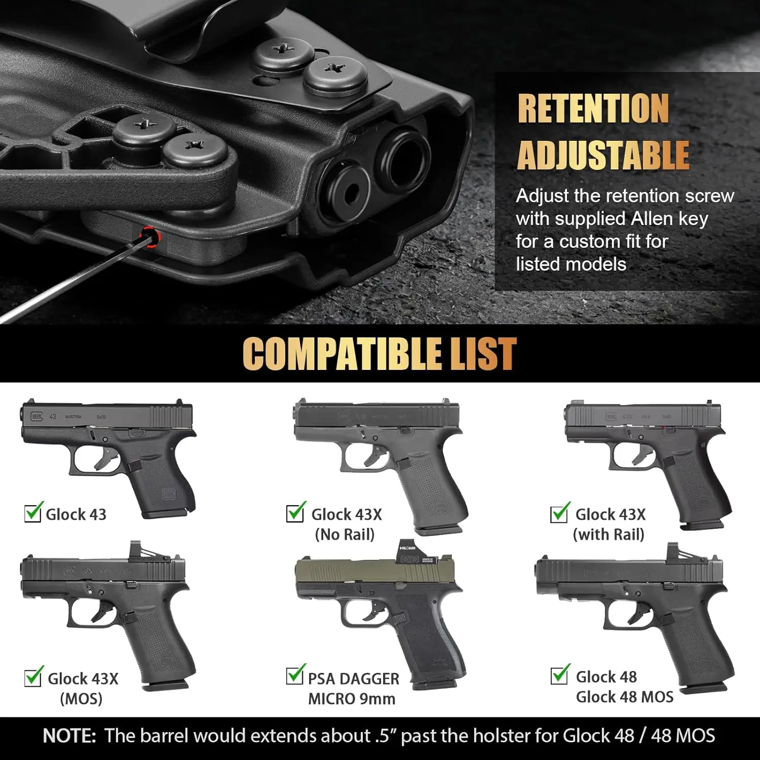 IWB/OWB For G43x Holster,For Glock 43 / 43X / 43X MOS (No Light/Laser),Removable Concealment Claw,Paddle Included,Right Hand
