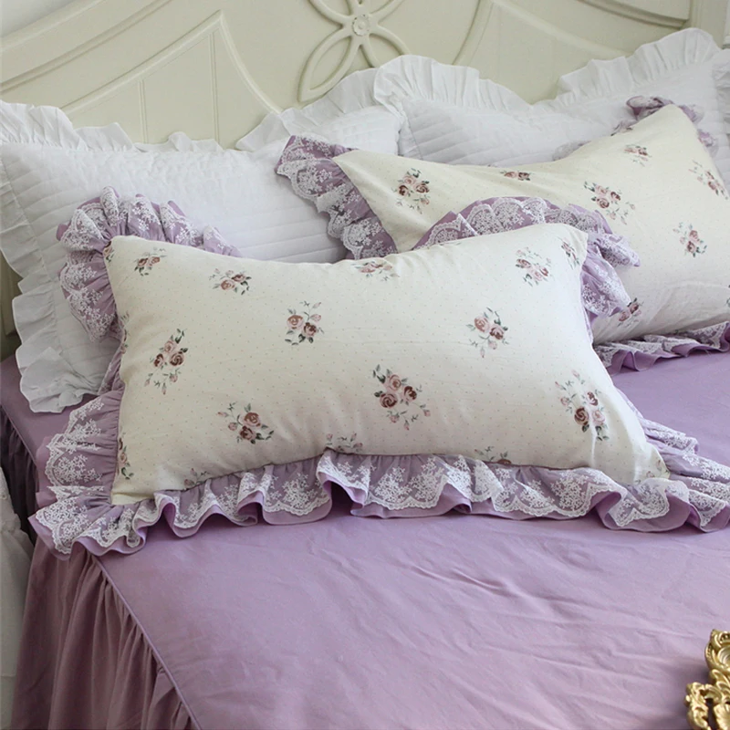 Korean Style Floral Pillowcase 2Pcs Elegant Pastoral Cotton Lace Ruffled Pillow Cover Rectangular Bed Decor Pair of Pillow Cases