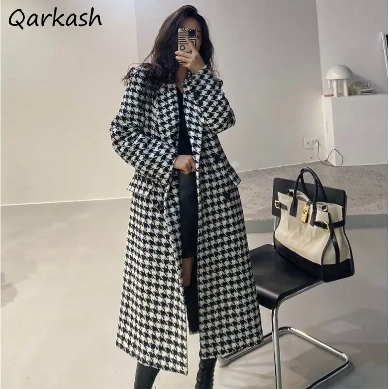 

Office Lady Woolen Blends Women Plaid Classic Winter Long Back-slit Chic Designed Gentle Graceful Warm Temperament All-match New