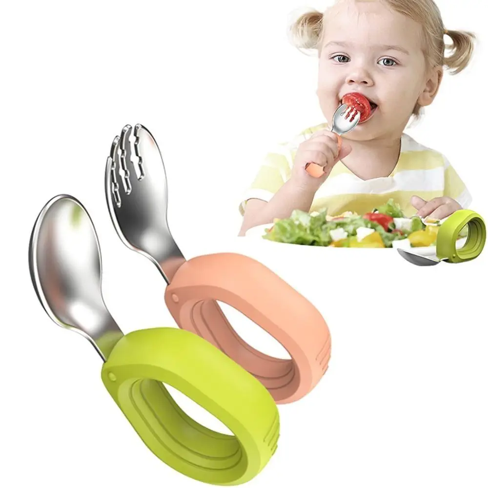 Juego de cucharas de silicona con mango de silicona para bebé, vajilla antideslizante sin BPA para niños, diseño antiastres de autoalimentación