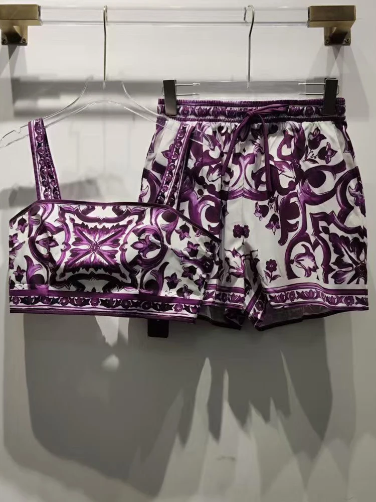 

Fashion waist sexy short suspender top summer new printed women's suit+elastic waist wide-leg shorts elegant two-piece suit