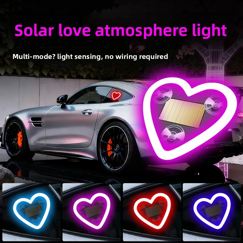 Solar-Powered Led Car Window Neon Lights - Heart-Shaped Rgb-Free Color-Changing Interior Wiring Free Atmosphere Light
