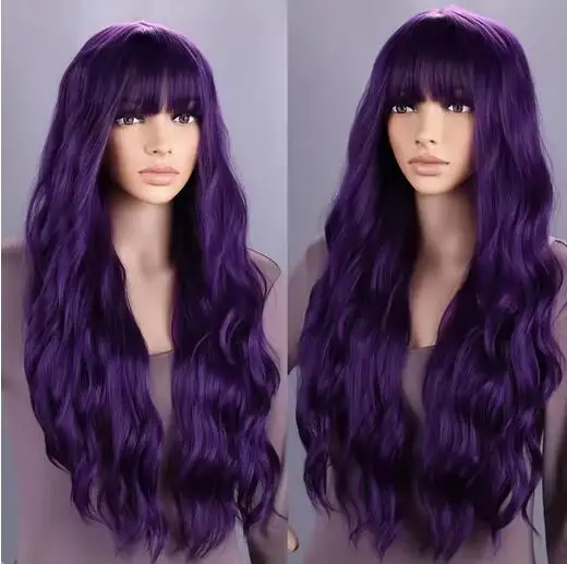 Long Purple Wig for Women 28" Long Lavender Purple Wig With Bangs Curly Wavy Natural Cute Soft Wig for Costume Braids Anime