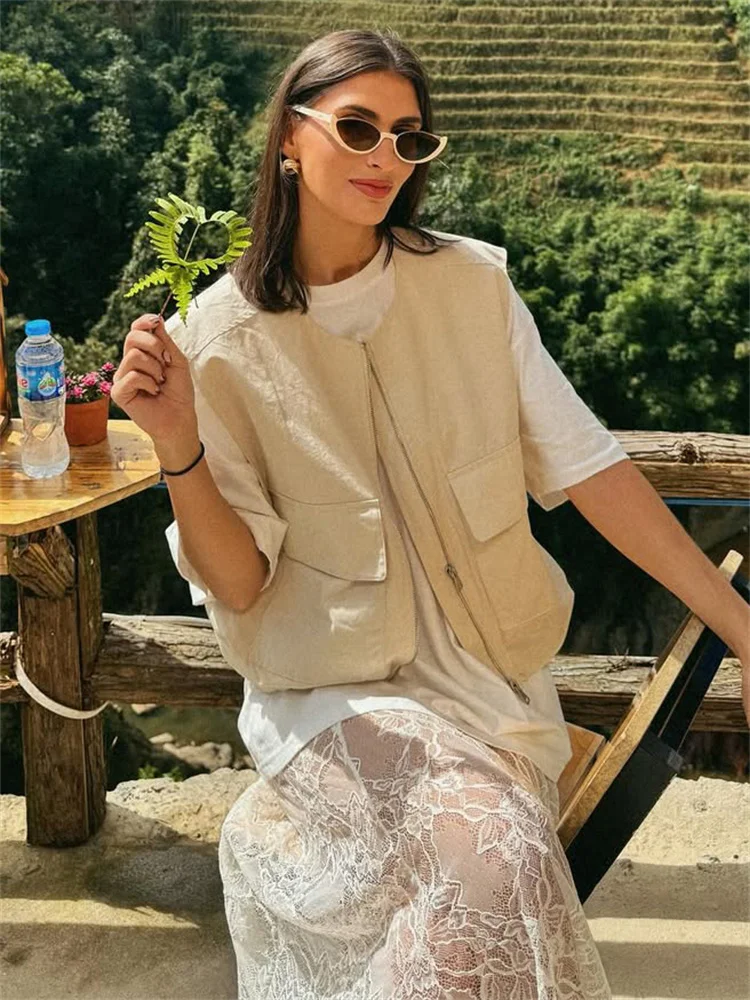 Tossy Fashion Loose Women's Vestidos Coat Sleeveless Zipper Pocket Patchwork Loose Commute Vest Jackets Female Outwear Vestidos