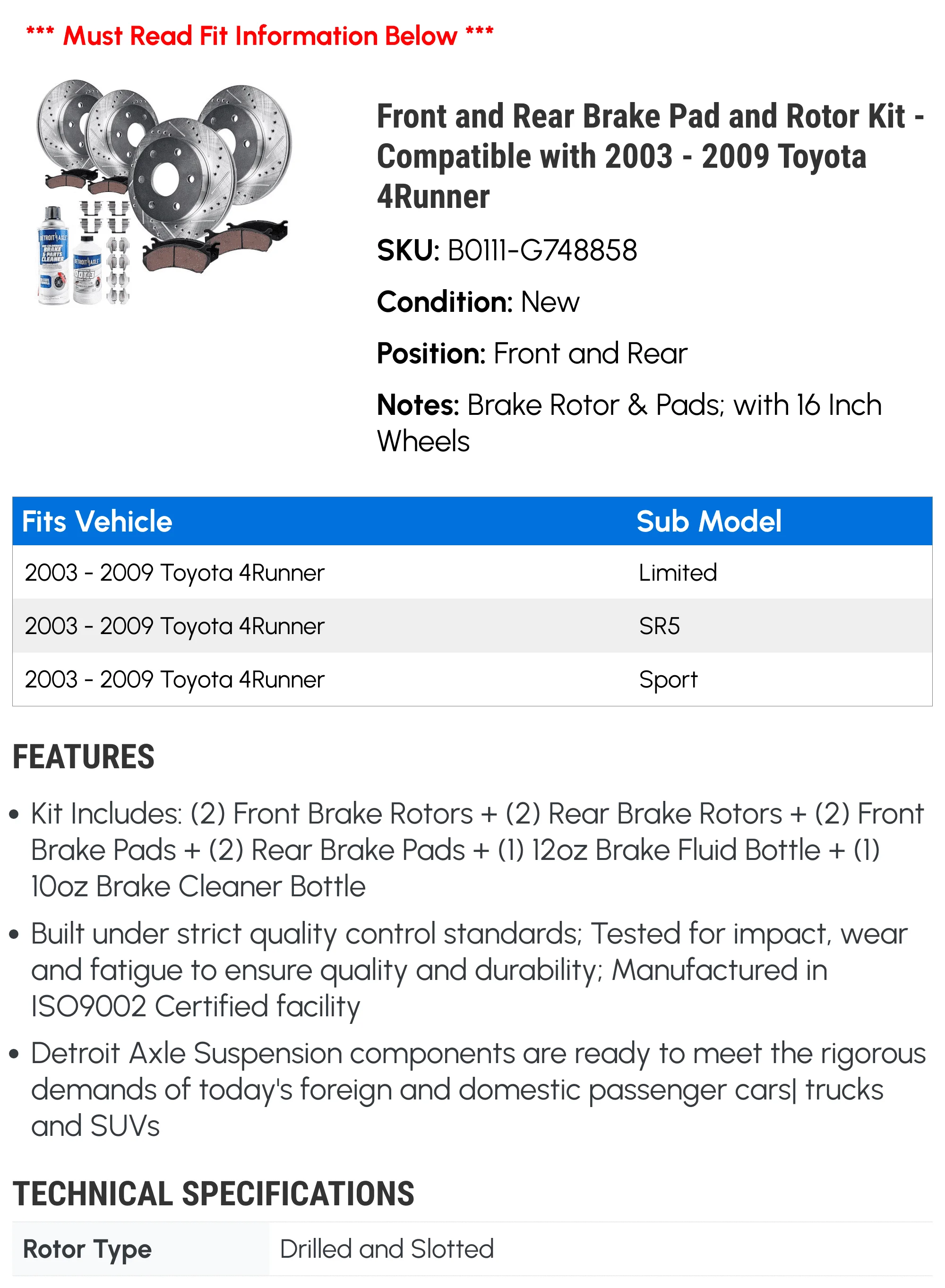 

Front and Rear Brake Pad and Rotor Kit - Compatible with 2003 - 2009 Toyota 4Runner 2004 2005 2006 2007 2008