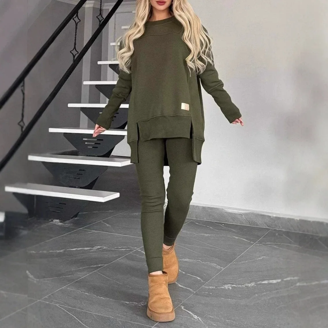 Women's autumn and winter round neck side split long sweater slim pants casual solid color German velvet suit