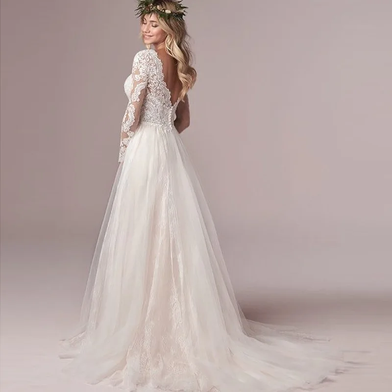 แสงลูกไม้คอวีเปลือยรถไฟขนาดเล็กเจ้าสาวแขนยาวชุดแต่งงานหลักสีขาวบอลชุดWeddinges De N Oviaคริสตจักรชุด