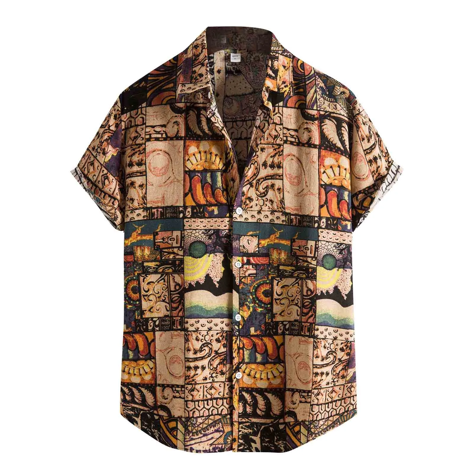 Fashion Men Ethnic Shirt Short Sleeve Casual Printing Hawaiian Camisas Blouse Turn-Down Collar Casual One Button Wild Shirts Top