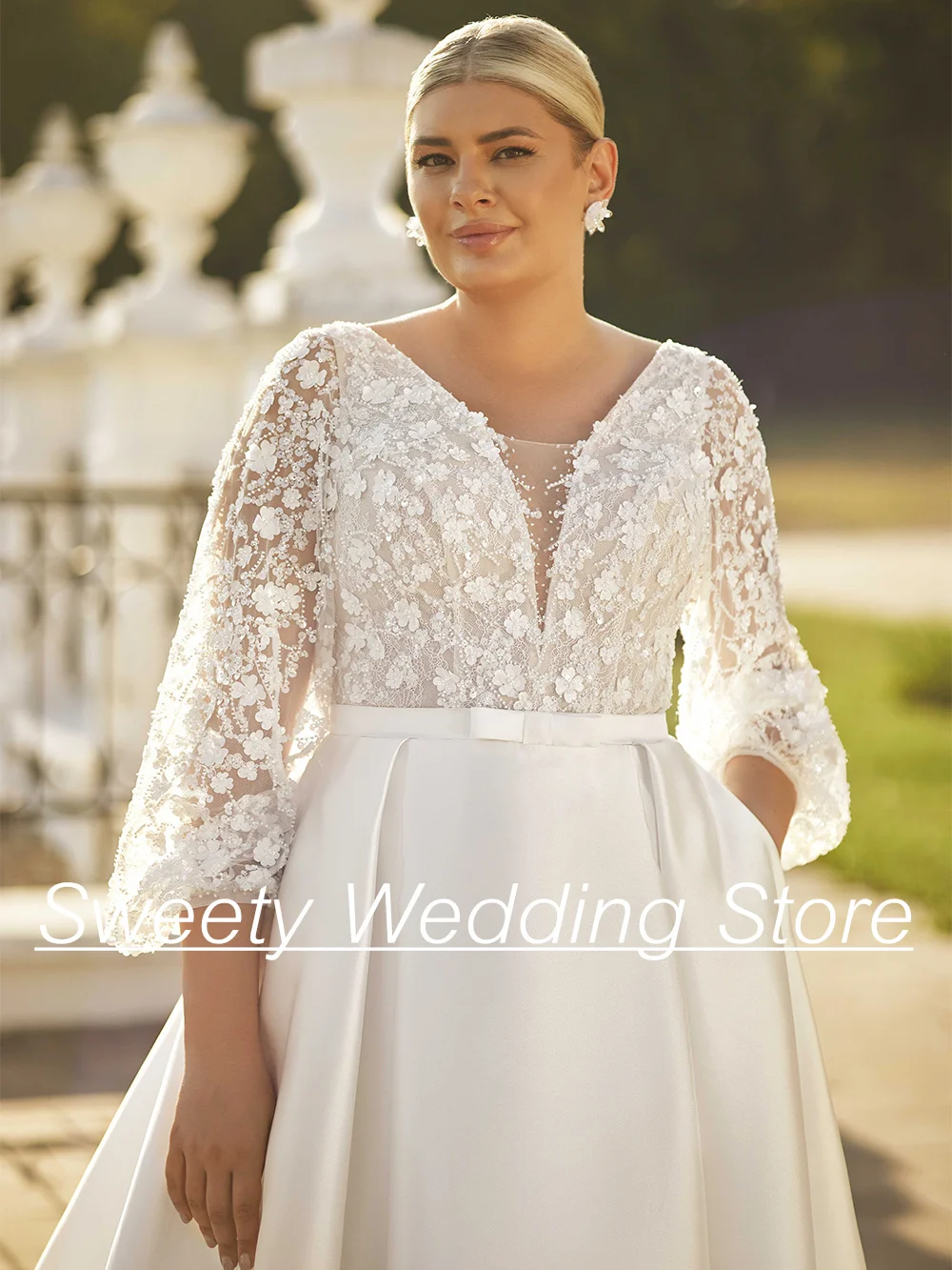 2024 Plus Size Wedding Dresses Classic Satin Bridal  Puff Sleeves V Neck Beading Sequined A Line Bride Gown with Pockets