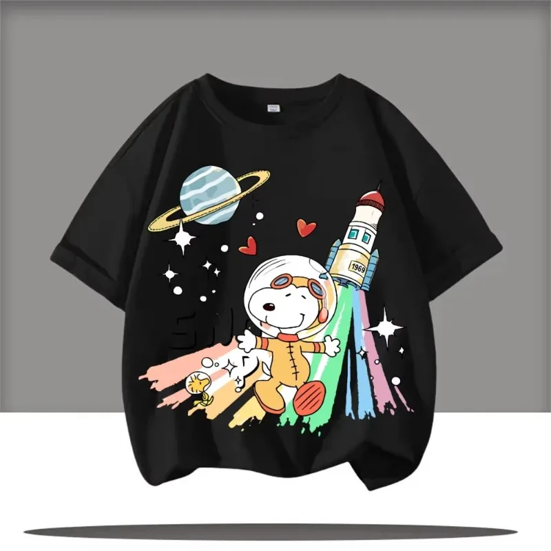 2026 صيف جديد شبكة مستديرة الرقبة تي شيرت تشارلي براون و سنوبي الكرتون أنيمي الأطفال الشارع العلوي القطن الخالص قصيرة الأكمام